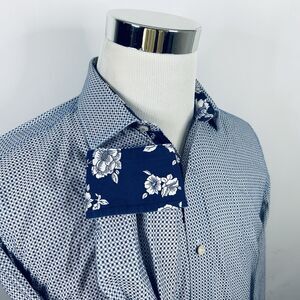 Ted Baker Endurance 15.5 32/33 Dress Shirt Blue White Plaid Floral Flip Cuffs